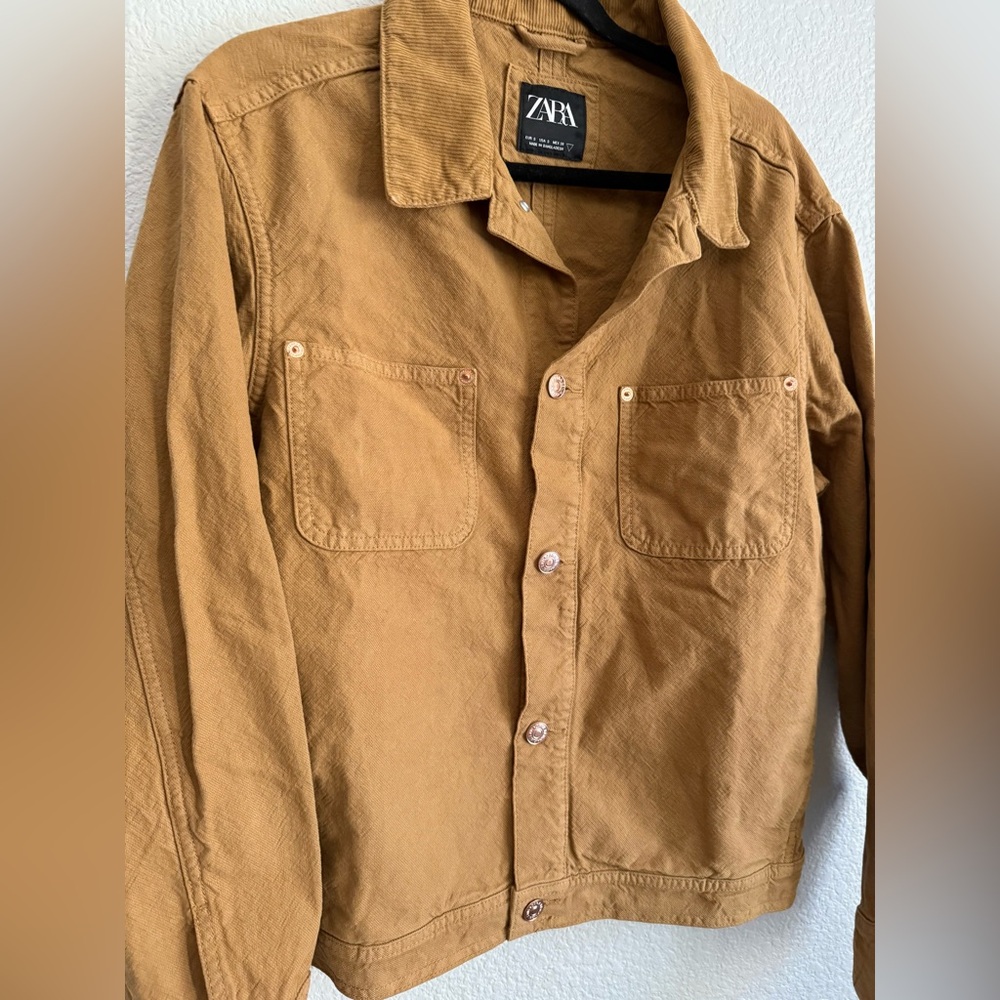 Zara small women’s denim Tan Shirt Jacket shacket with corduroy collar - Picture 2 of 5